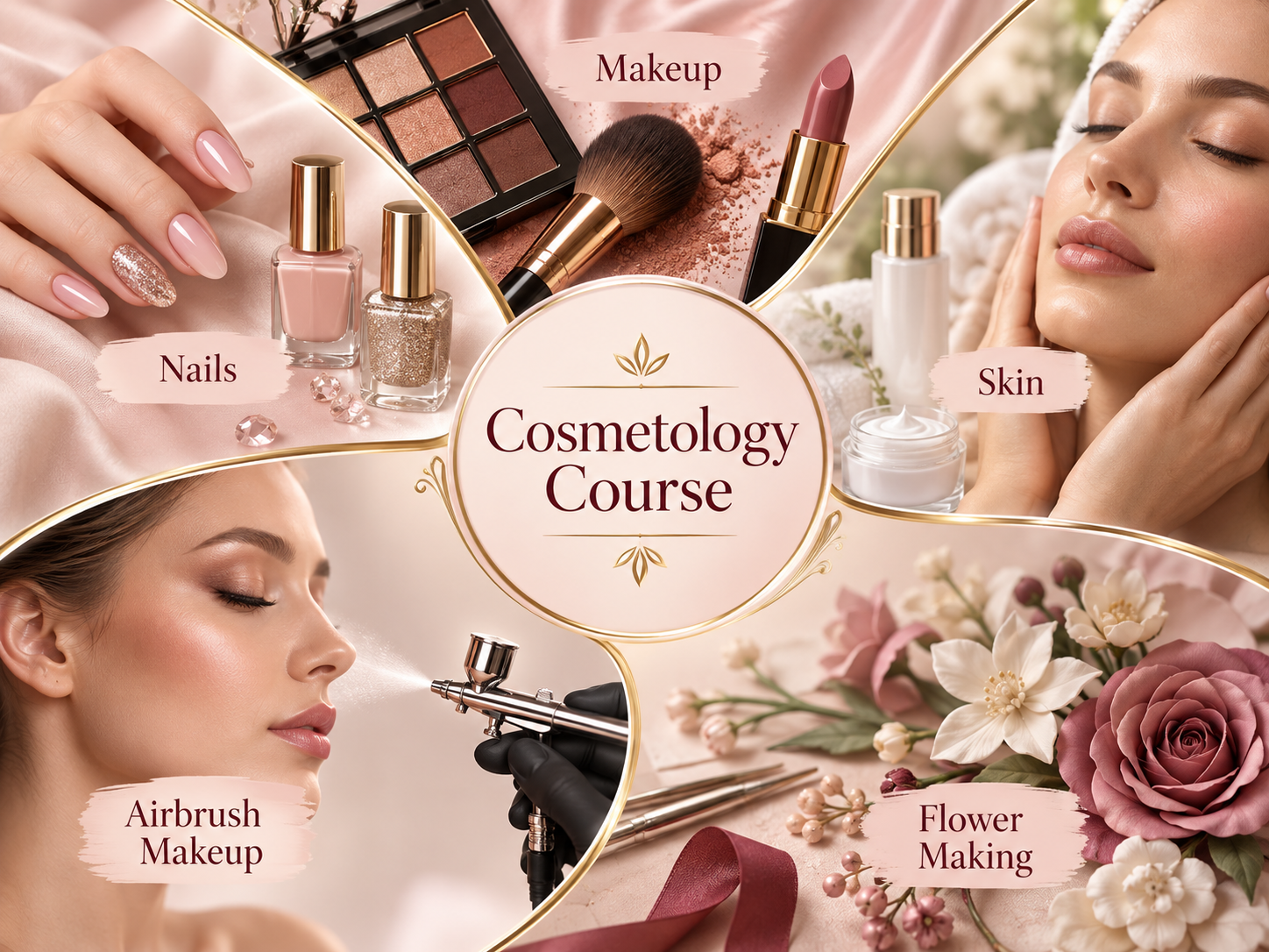 Cosmetology course visual featuring makeup, skin care, nails, airbrush makeup and flower making