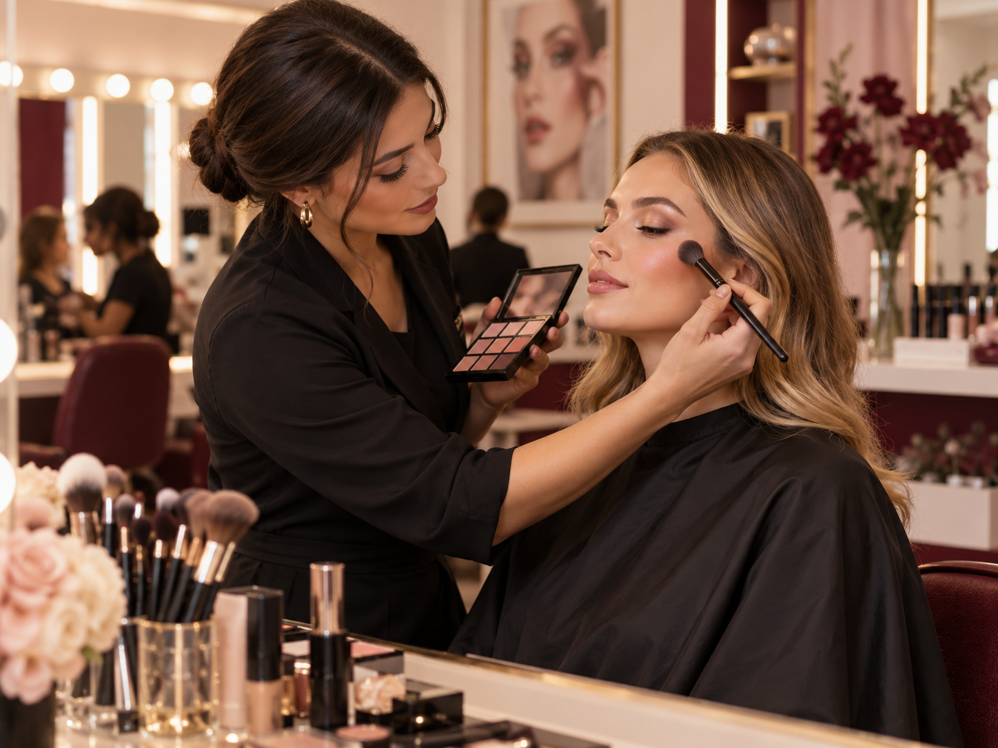 Professional makeup artist applying makeup during beauty training